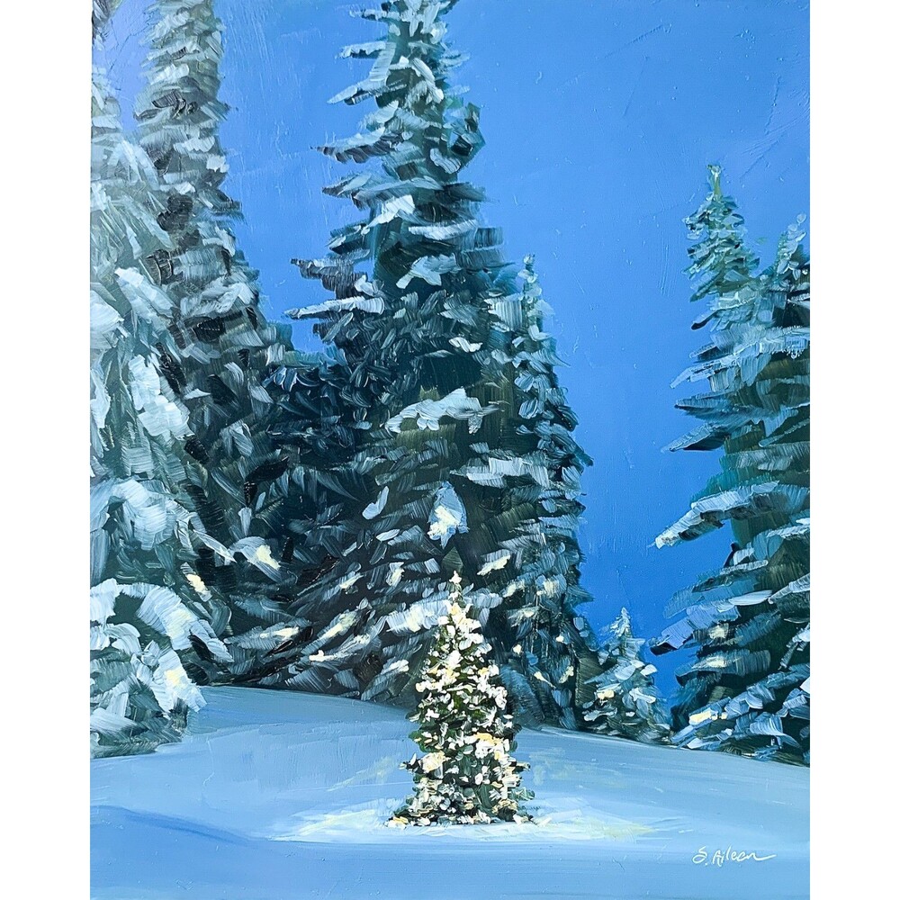 8x10 Original Oil Painting Landscape Christmas Lights Snowy Winter Forest Signed